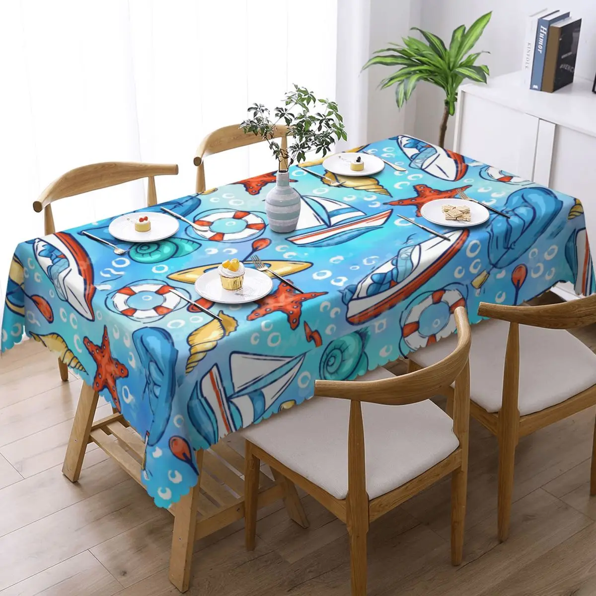 Customized Rectangular Fitted Nautical Ocean Wallpaper Table Cloth Waterproof Tablecloth Outdoor 40