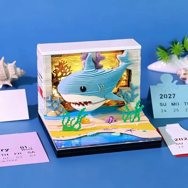 Time Piece Calendar 2027 Desk Calendar With LED Light 3D Tear-away Calendar Paper Carving Art Memo Pad Notepad Gift Home Decor