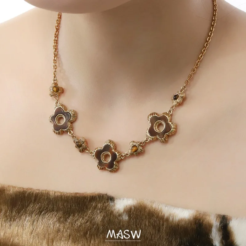 MASW Original Design Vintage Temperament Glass Simulated Pearl Brown Flower Necklace For Women Girl Gift Modern Jewelry