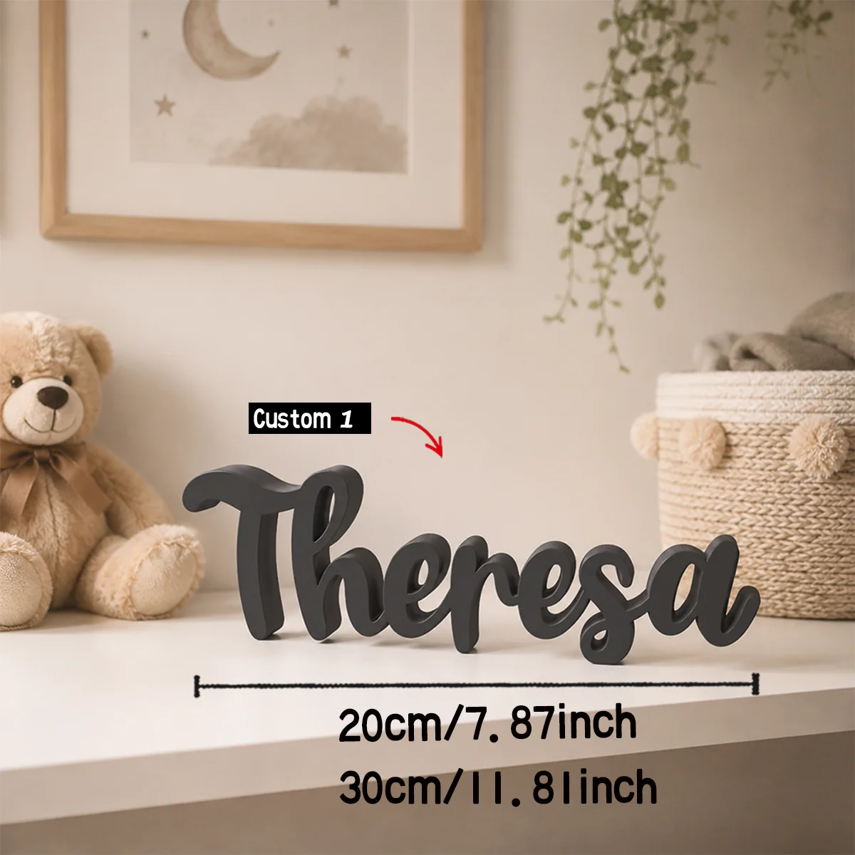 1pc Custom Cool Black PVC Wooden Name Plaque, Bedroom Room Table Decor,Ornament for Nursery Baptism Wedding Anniversary Gift