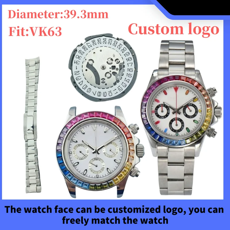 39.3mm VK63 Men's Watch 316L stainless steel sapphire glass, VK63 movement, VK63 silver watch case, color diamond bezel