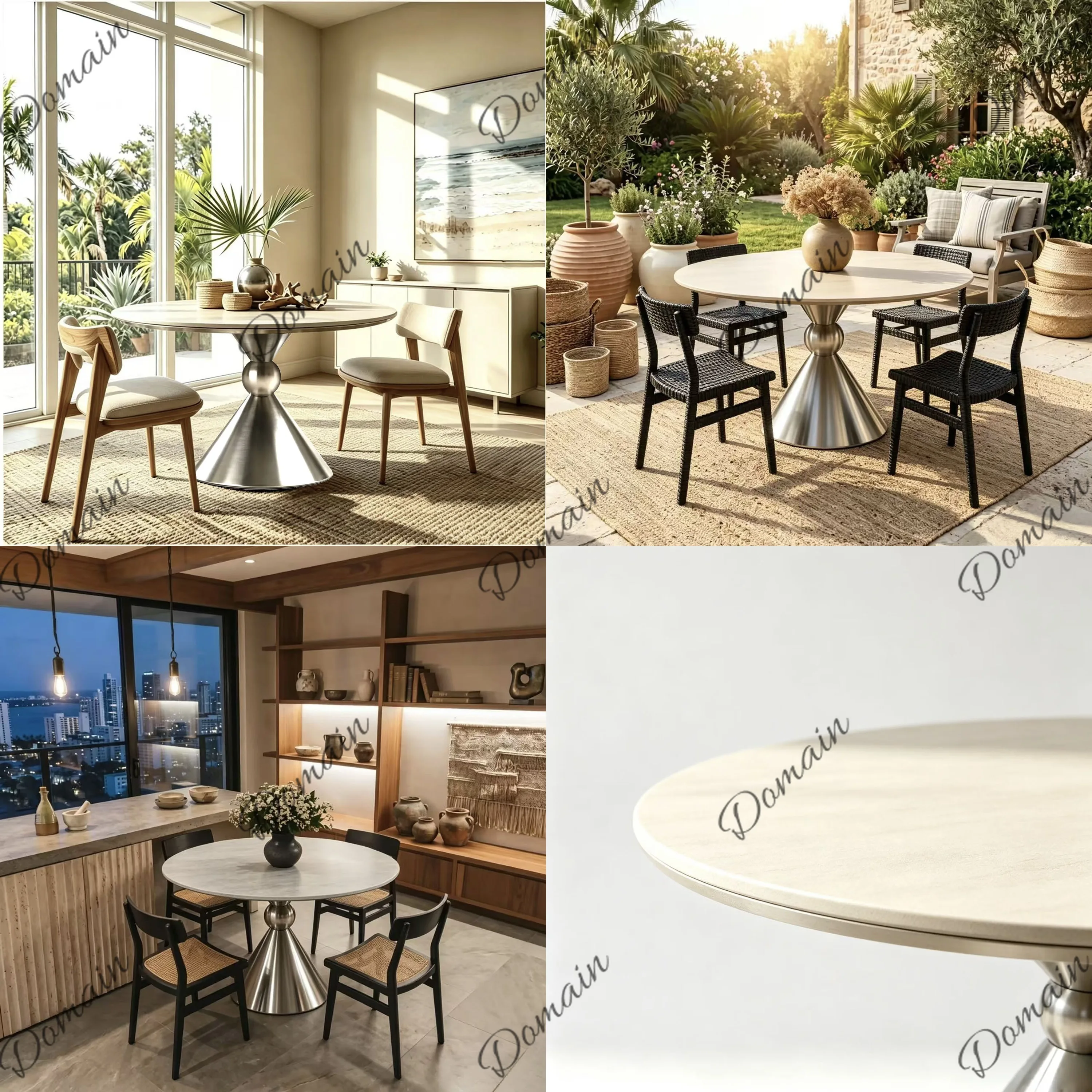 Mid-Century Modern Travertine Slab Round Dining Table for Small Spaces, Stainless Steel Base French Retro Kitchen Table