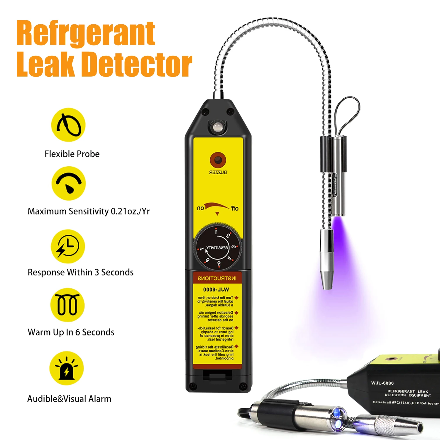 WJL-6000 Freon Leak Detector Halogen Leak Detector R22 R410A R134A R1234YF Refrigerant Gas HVAC Air Conditioner Tester Tool