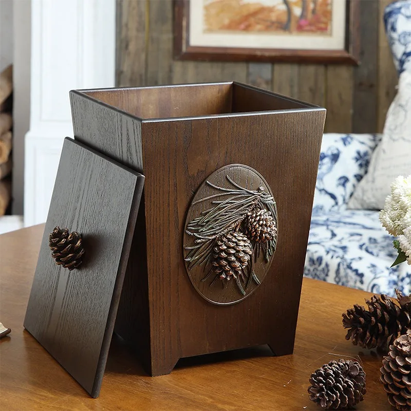 Creative Covered Trash Can Wood New Chinese Living Room Kitchen Bedroom Bathroom Covered Trash Can