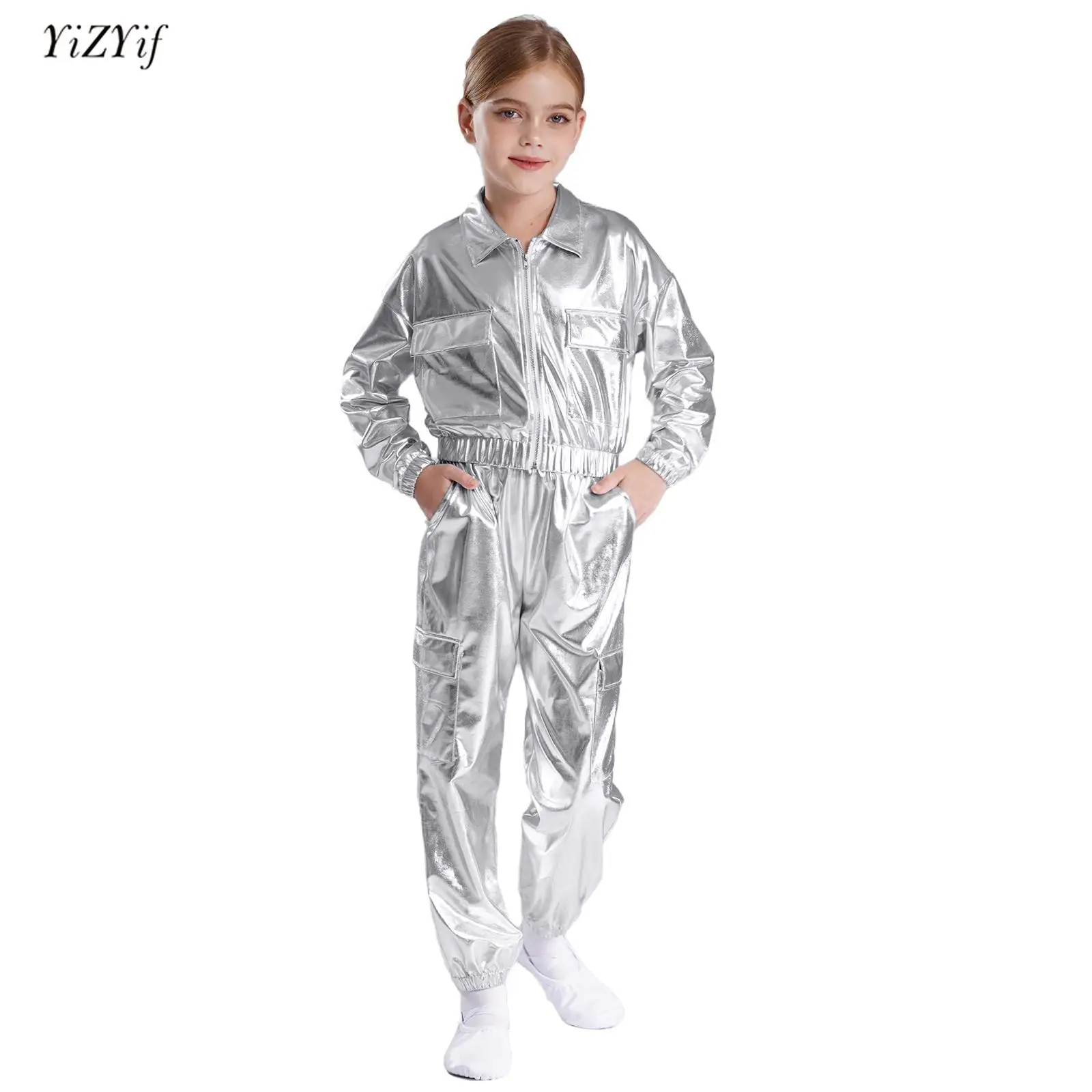 2Pcs Kids Boys Girls Metallic Jacket Coat Long Sleeve Turn-Down Collar Outwear + Pants Sets for Hip-Hop Jazz Dance Streetwear