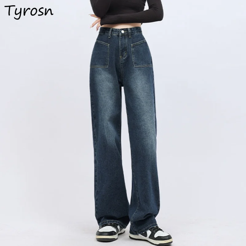 

Wide Leg Jeans Women Pockets Retro All-match Empire Korean Style Loose Daily Denim Trousers Popular Leisure Ladies Autumn Simple