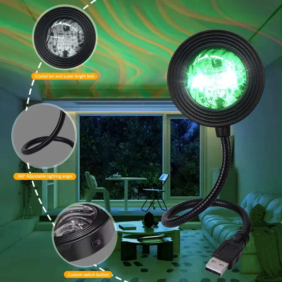 USB Colorful Aurora Projector Light Water Ripple Light Remote Control Dimming Portable Night Light for Living Room Party Bar