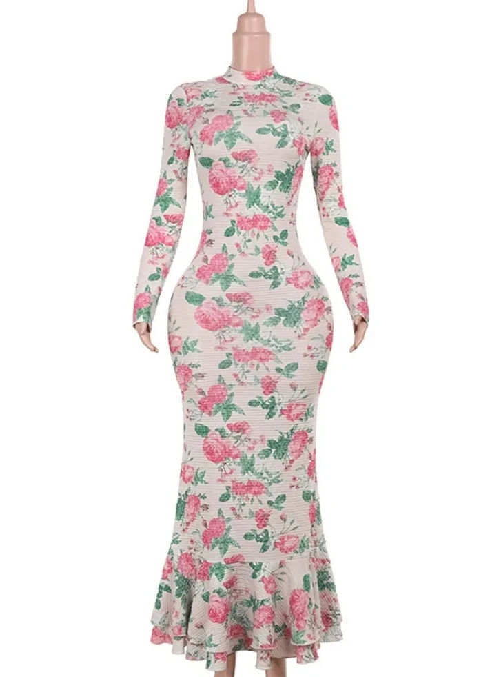 

Long Sleeve Half High Collar Print Zipper Elegant Maxi Dress Women Slim High Waist Sexy Dress Ladies Outfits