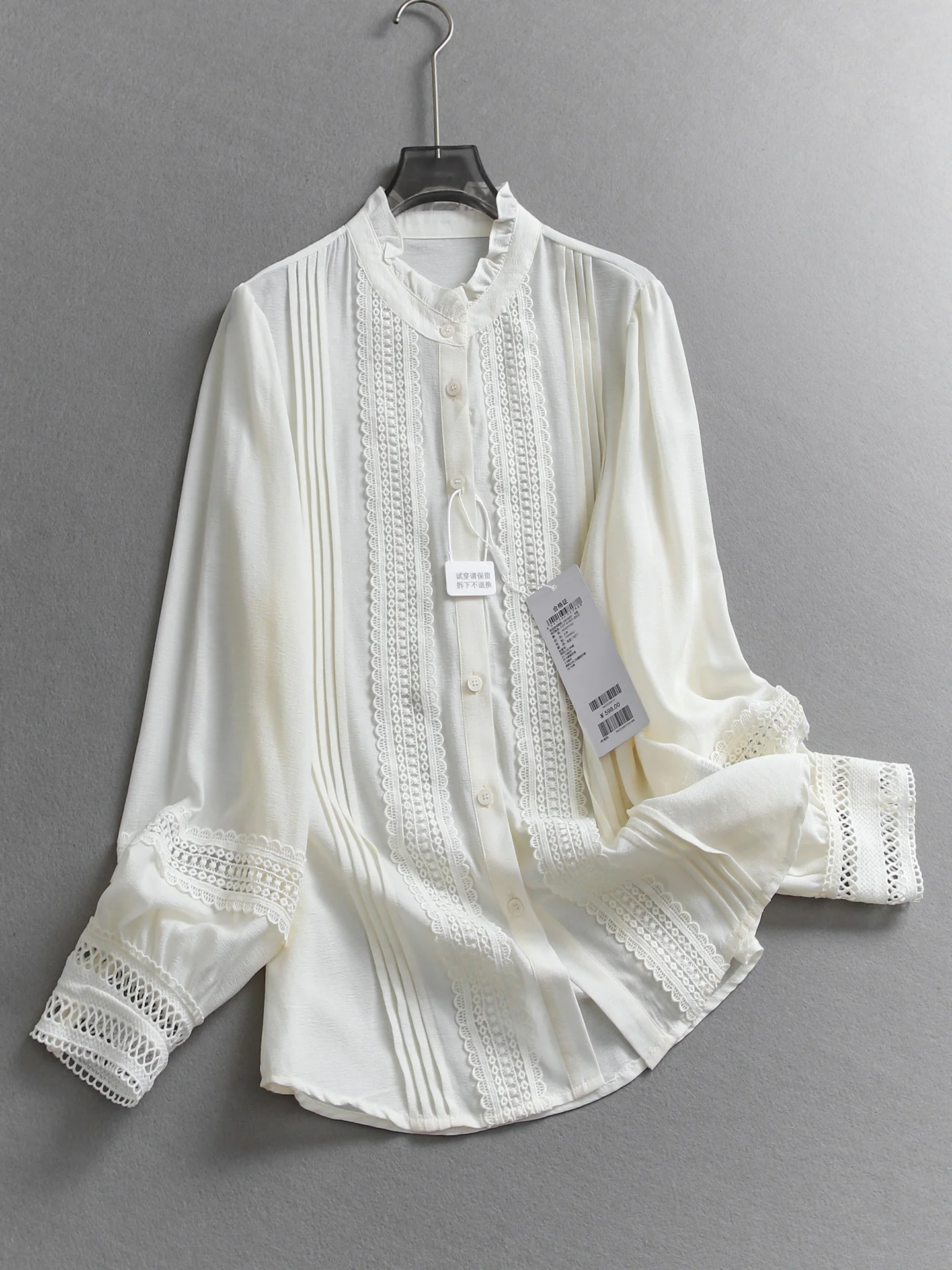 

Pure Color Lace Hollow out Long Sleeve Women's Shirt Accordion Pleat Stand Collar Spring 2026 New Style Versatile Female Blouse