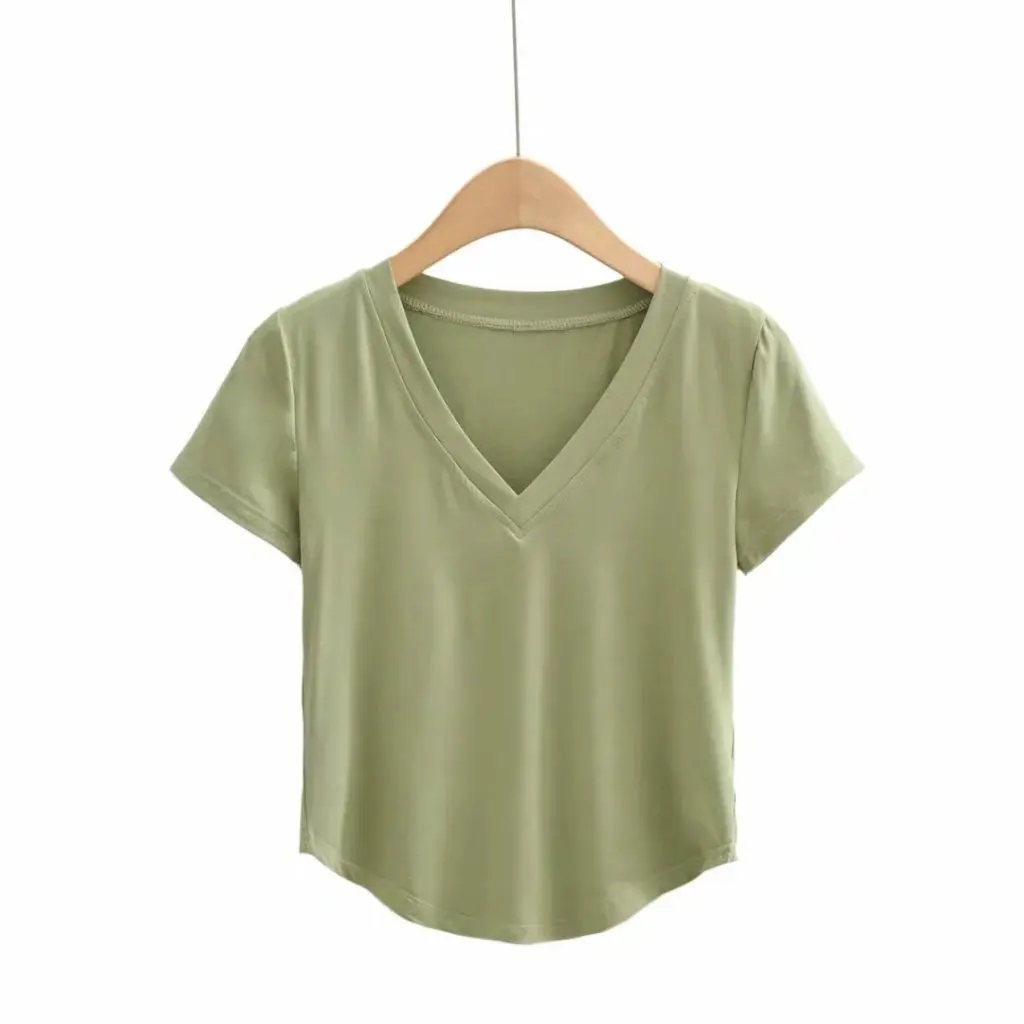 

Women's Sexy V-neck Short Sleeve T-shirt Stretch Curved Hem Summer Top European And American Style Sports Clothing