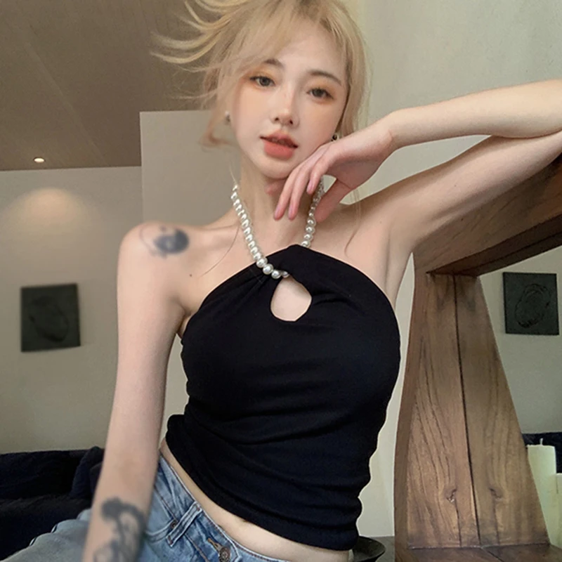 Backless Camis Women Pearl Halter Y2k Casual Hollow Out Summer Streetwear All-match Crop Tops Sexy Fashion T Shirt