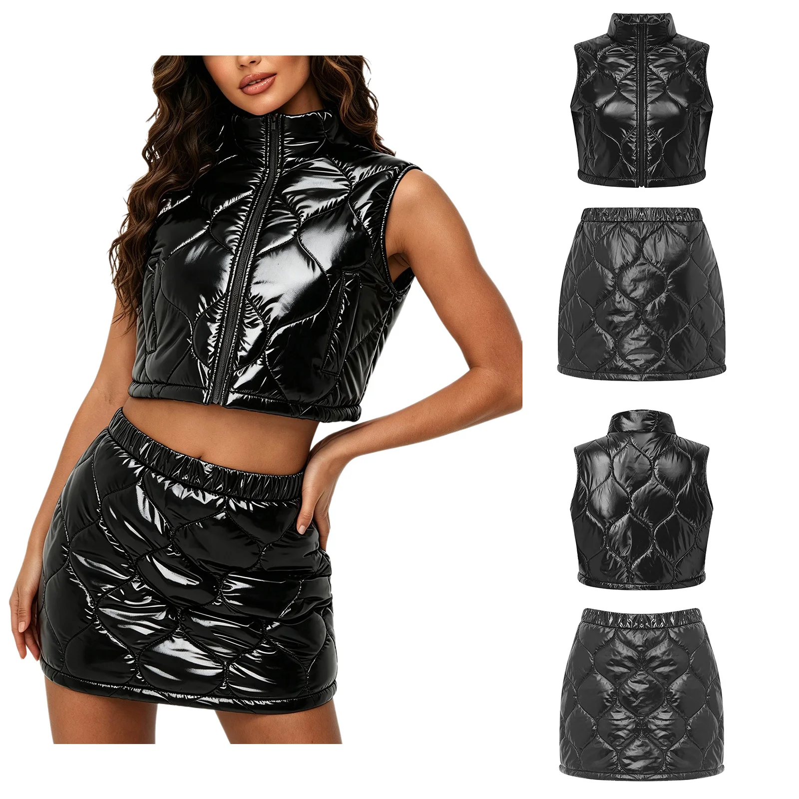 Women Winter Warm Puffer Padded Outfit Stand Collar Sleeveless Crop Vest And Puffer Briefs Miniskirt for Special Nursing Clothes