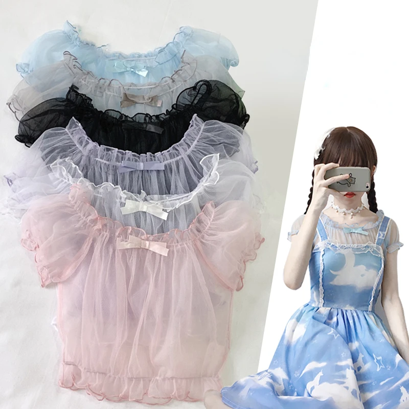 Summer Mesh Short Sleeve Lolita Tops Women Sweet Transparent Kawaii Princess Bow Shirt  Mori Girl Fairy Sheer Thin Bottom Blouse