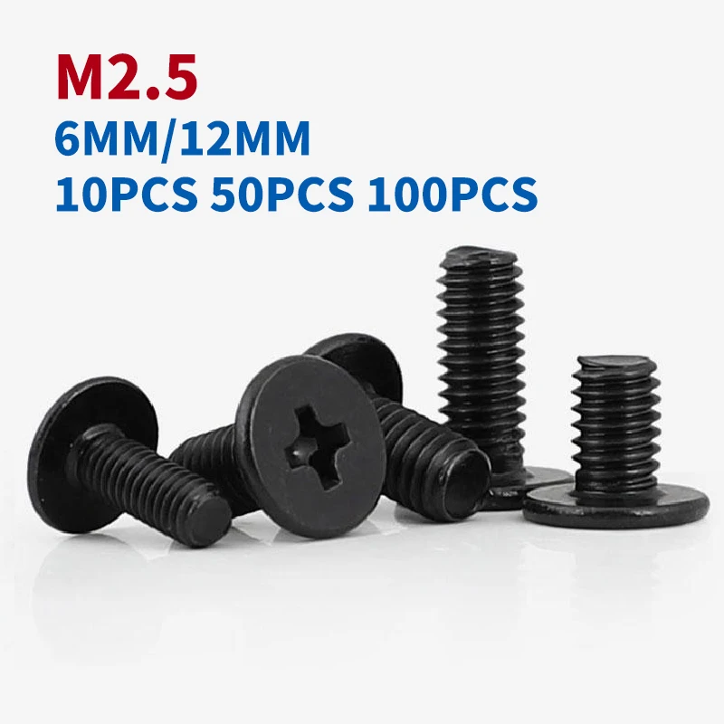 10PCS 50PCS 100PCS M2.5 Black Carbon Stainless Steel Cross Ultra Thin Flat Wafer Head Phillips Screw Bolt Laptop Accessory