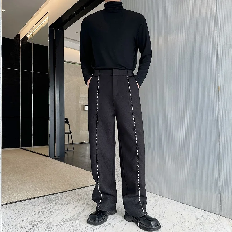 SYUHGFA Men's Pearl Diamond Side Pants Casual Solid Color Rope Design Straight Loose Male Wide Legs Trousers New 2025 Spring