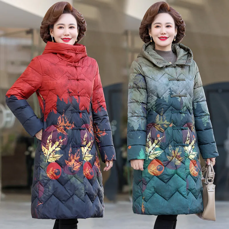 Asian style Woman Jacket Printed Vintage Disc Buckle Cotton Padded Coat Middle-Aged Winter X-long Clothes Hooded Jacket Parkas