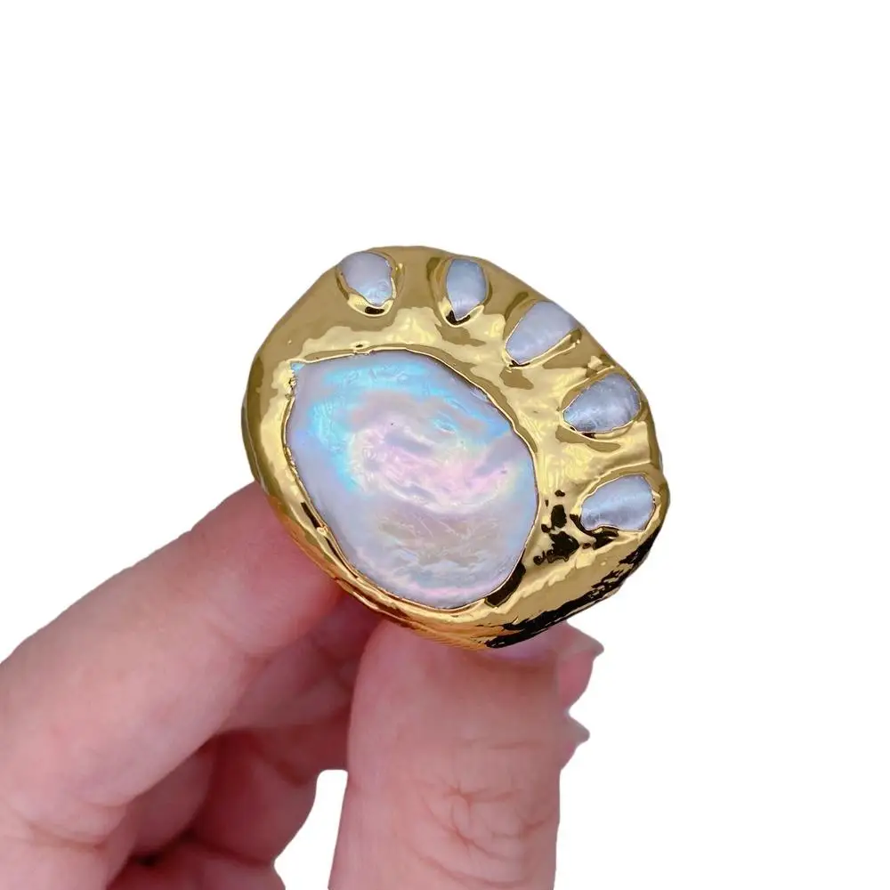 YYGEM 28x32mm Cultured White Pearl Ring With Gold Electroplated Adjustable Finger Rings