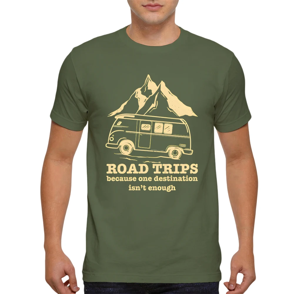 New Summer Mens 100% Cotton T Shirt Road Trips Camper Van Mountain Vintage Line Print Breathable Short Sleeve Daily Wear