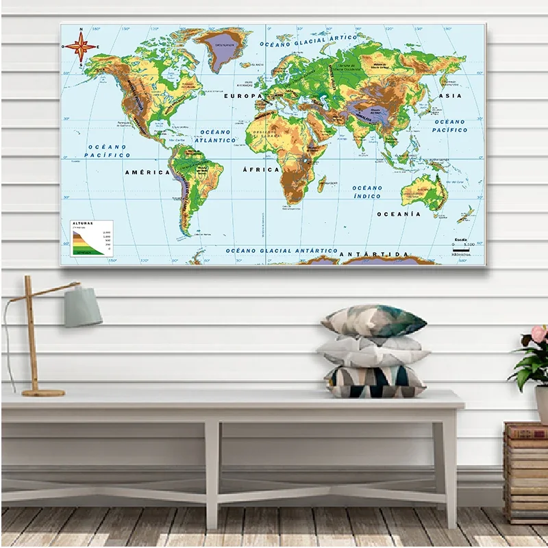 150*100Cm Trong Tiếng Tây Ban Nha Trong Thế Giới Orographic Và Cao Độ Bản Đồ Không Dệt Tranh Canvas Trang Treo Tường trang Trí Nhà Văn Phòng