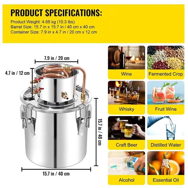 Alambic à spiritueux, distillateur d'eau/alcool 50 L, dimensions de la chaudière 40 x 40 cm, alambic à double contrôle de température, appareil de distillation d'alcool