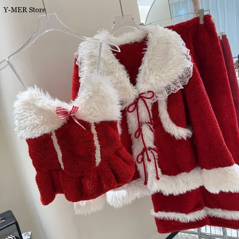 

Рождественский новогодний наряд для вечеринки, пижамный костюм, женская теплая одежда для сна из кораллового флиса, милый кукольный воротник, топ, брюки, пижамы Femme Pjs