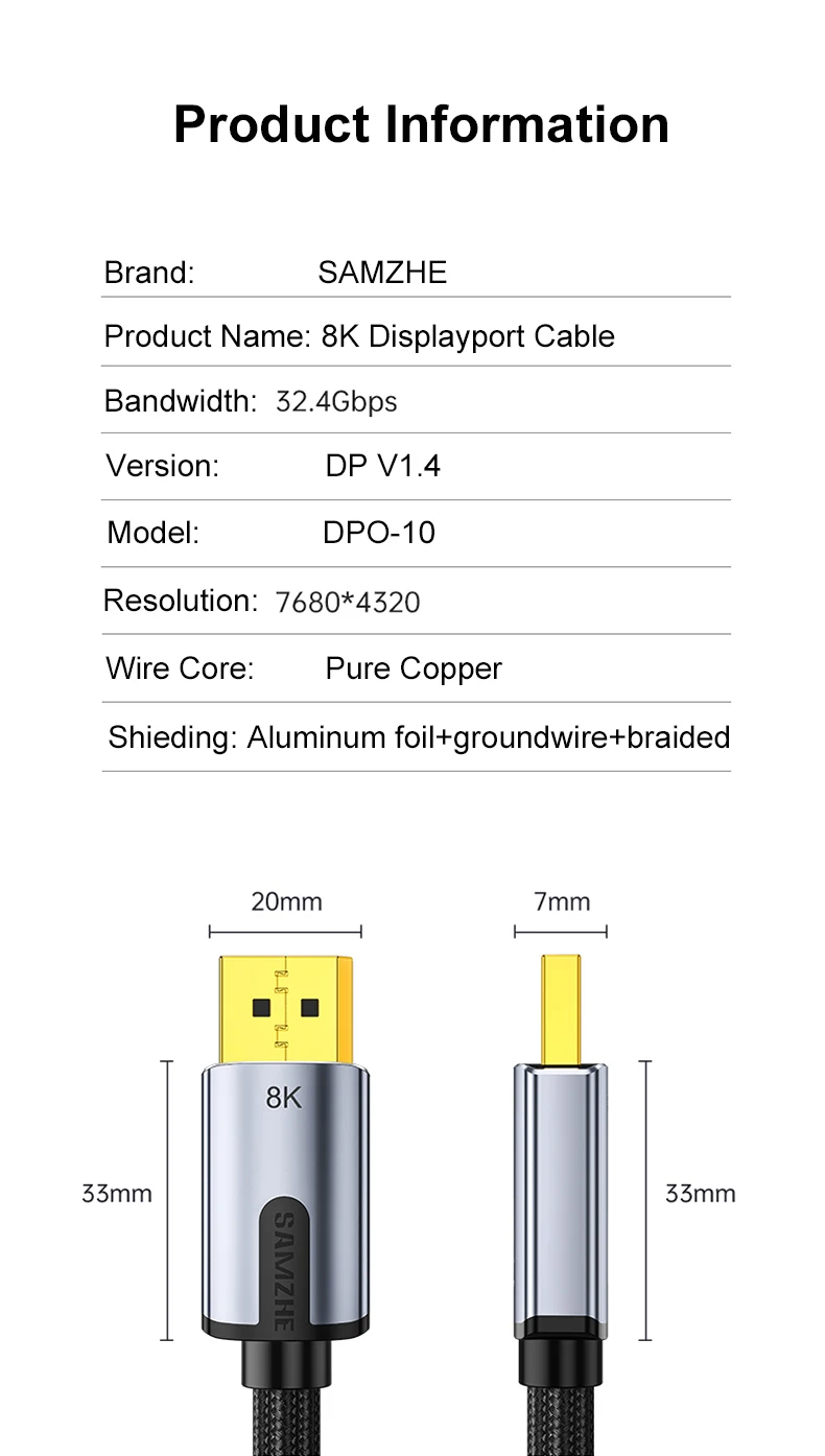 SAMZHE DisplayPort 1,4 Kabel 8K 4K 60Hz HDR 165Hz Display Port Adapter Für Video PC Laptop TV DP 1,4 1,2 Port Kabel – Detail 14