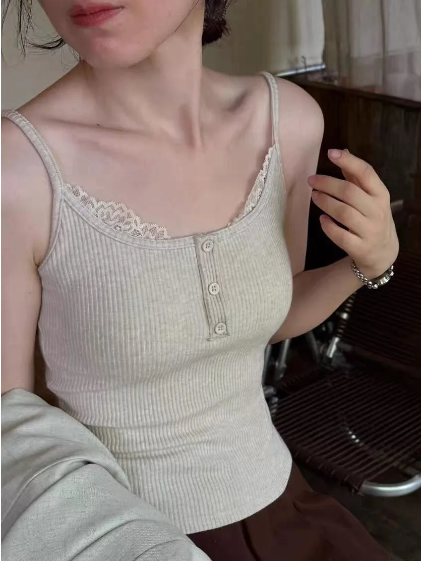 Chic Comfortable New Strap Soft Combed Cotton U-Neck Integrated Chest Pad Beautiful Back East Gate Fashion Vest Top Women's C...