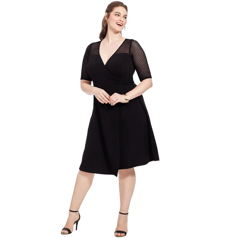 Plus Size manica corta estate elegante abito a portafoglio donna pannello a rete telai vita Fit And Flare Party Dress nero a-line Dress 6XL