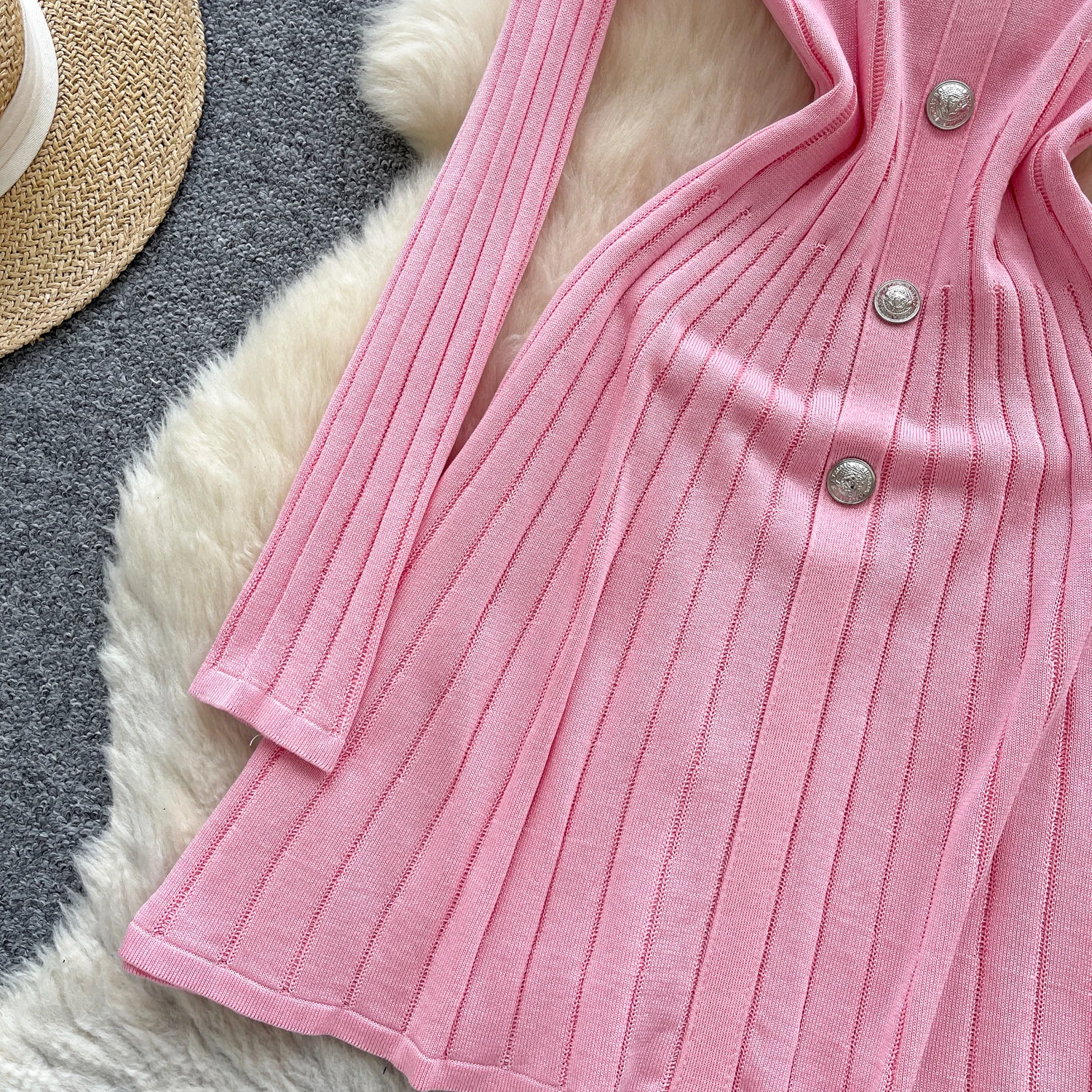 Chic vintage turn-down collar button Knit slim Elegant Fairy korean fashion Boho Sundress women clothing dress