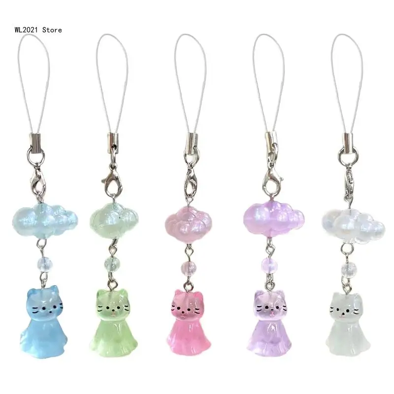 Fashionable Cat and Cloud Phone Lanyard Keychain Hanging Ornament Resin Texture Key Accessory for Various Occasion