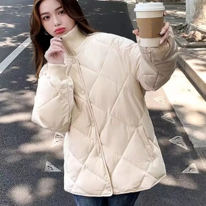 Short Style Parkas Women Autumn Winter Sweet Loose Cotton Thickened All-match Casual Fashion Rhombus Designed Solid Outerwear