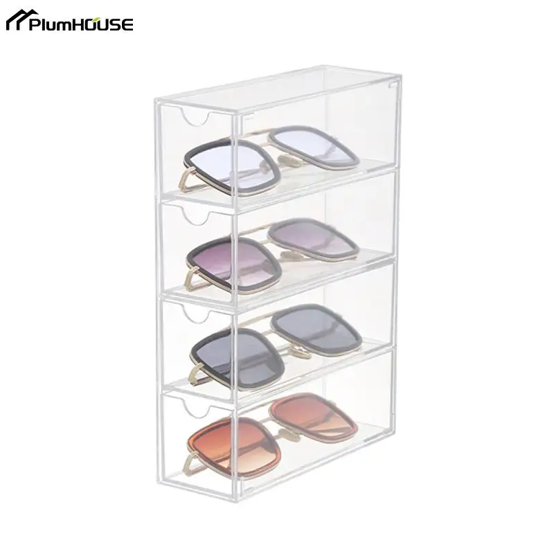 Glasses Storage Box 4 Layers Large Glasses Organizer Box Multifunctional Stackable Acrylic Display Holder Cosmetics Drawer Case