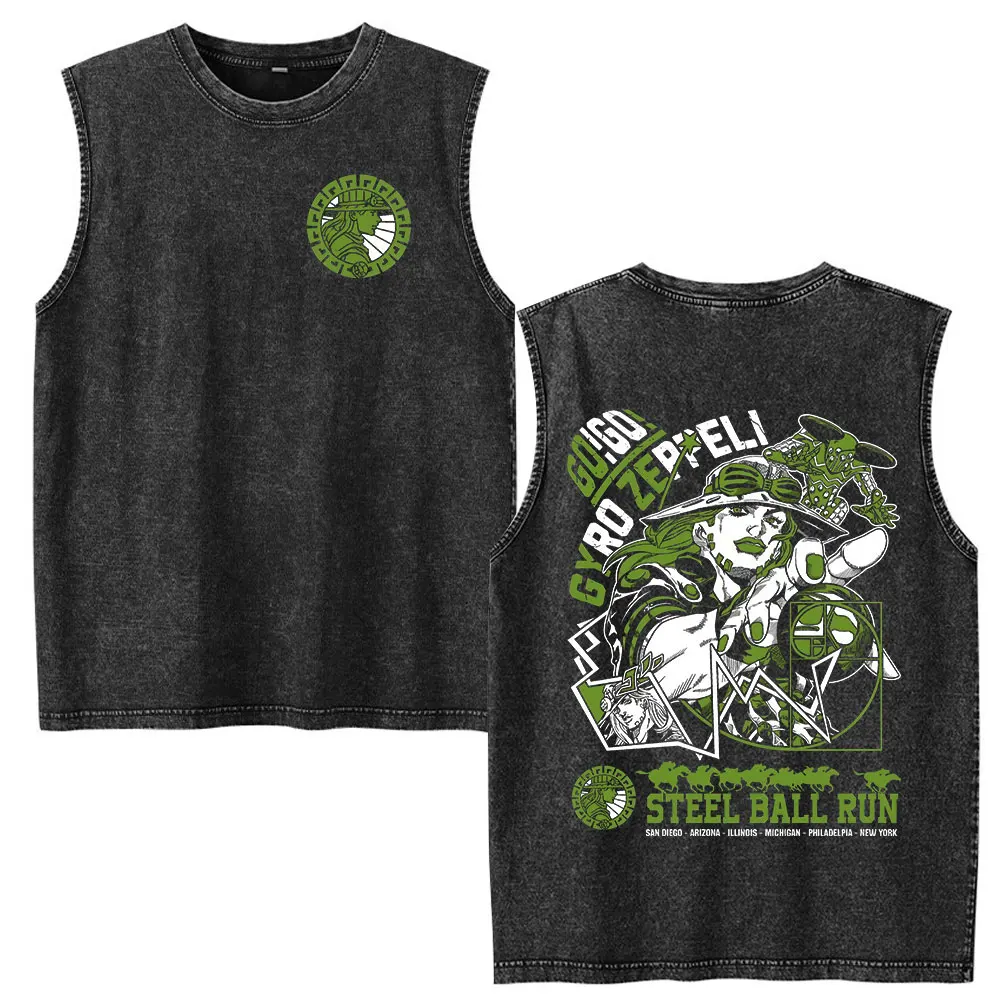 Anime Jojo Bizarre Adventure Steel Ball Run Gyro Zeppeli Vintage Washed Tank Tops Men's Women Clothing Sleeveless Vest T-shirts