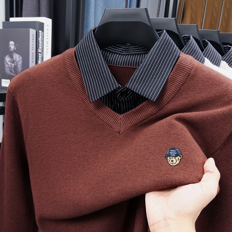 Luxury Men Quality Long-Sleeved Sweater T-Shirt Lapel Button False Two-Piece Embroidery Knitwear Leisure Comfort Men's Clothing