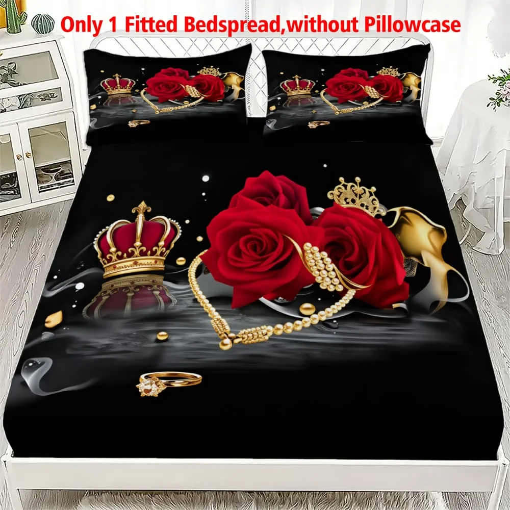1 Stück Luxuriöses Rotes Rosen- & Kronen-Muster Spannbettlaken mit Tiefen Taschen, Elastischer Matratzenbezug für Einzel-, Doppel-, Queen- und King-Size-Betten, Schlafzimmer-Dekoration
