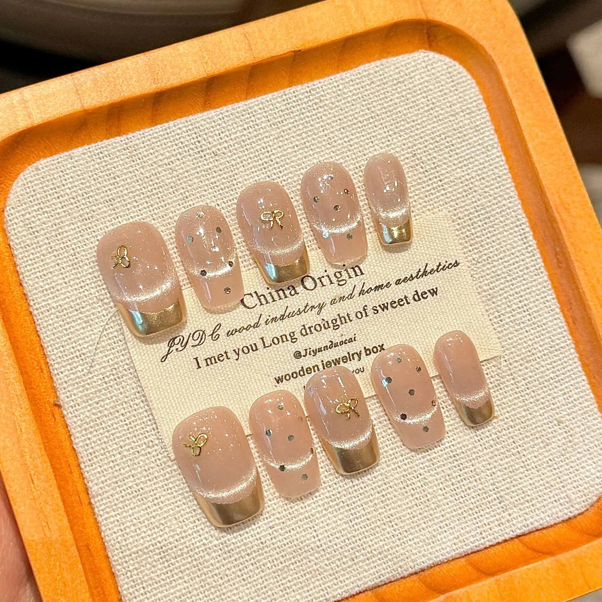 

10Pcs Mid-length Handmade Fake Nail Full Cover Retro Brown Leopard Print Rhinestone French Square Ballet Press on Nails Tips Art