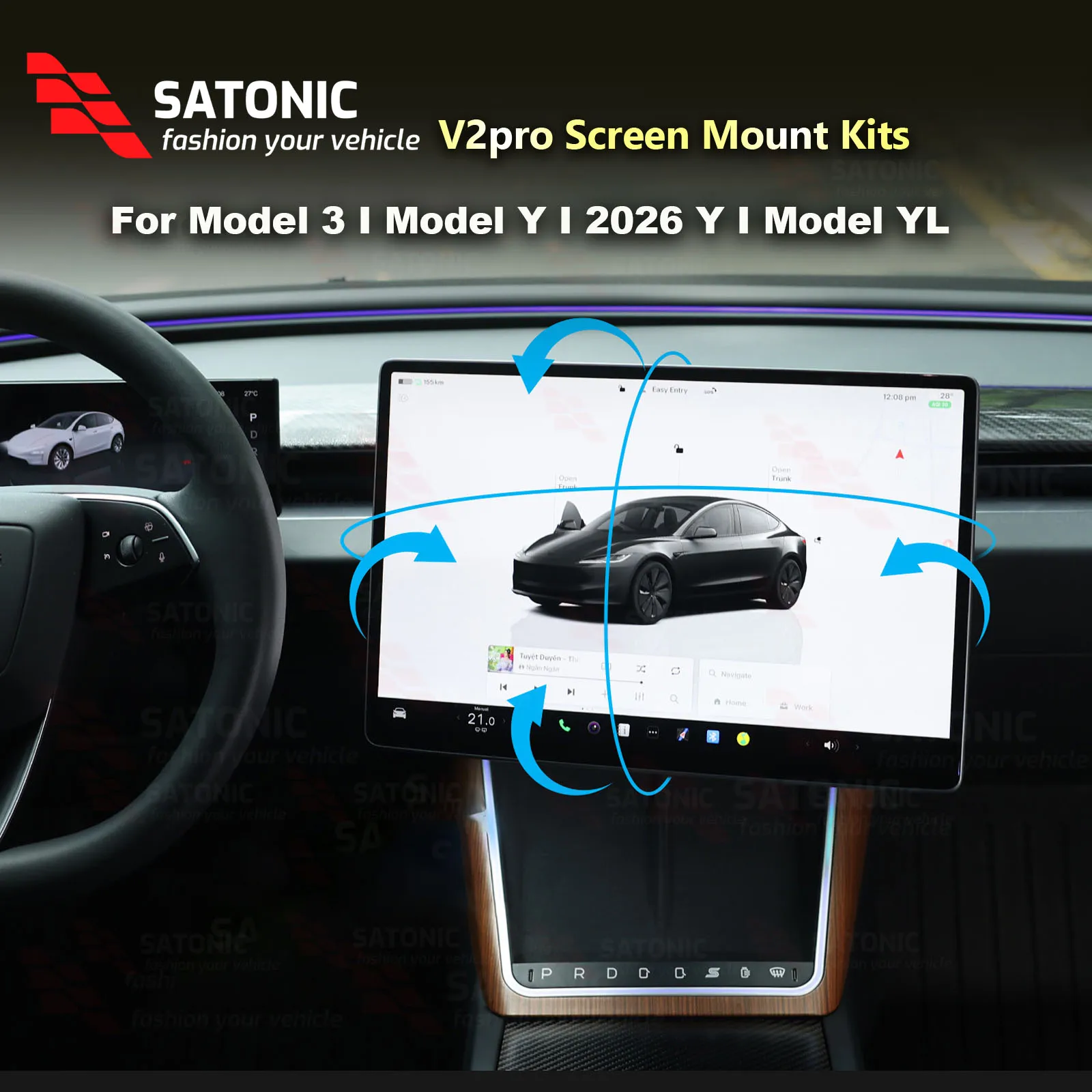 Soporte Giratorio para Pantalla SATONIC V2Pro 2026 con Rotación en 4 Direcciones para Tesla Model 3 Highland y Model Y Juniper YL RHD y LHD, Plug & Play
