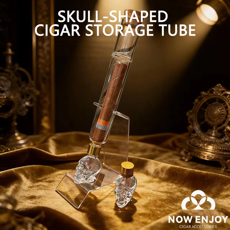 Glass Cigar Tubes Humidor Set, Cigar Flavor Infuser, Skull-shaped Base and Wooden Plug Cigar Incense Glass Tube Set Gift for Men
