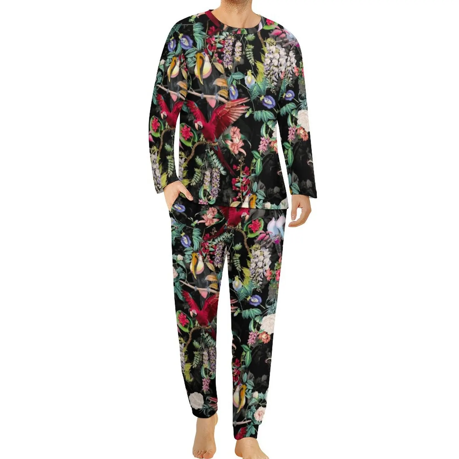 Red Parrot Pajamas Long Sleeves Tropical Floral Print 2 Piece Casual Pajama Sets Spring Male Graphic Warm Big Size Sleepwear