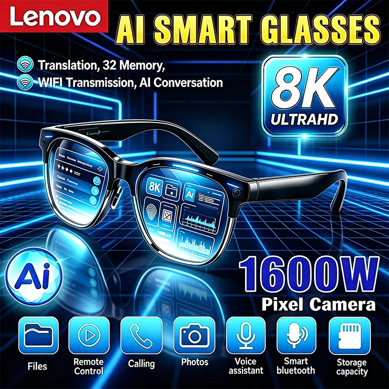 Lenovo 2026 New 8K Smart Touch Sunglasses Bluetooth AI Voice Assistant Camera Recording Multi Language Translator Outdoor Wear