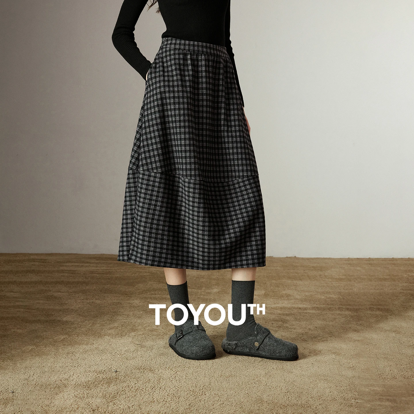TOYOUTH Women Midi Skirts 2025 Winter New Elastic Waist Retro Plaid Split Splicing Oversized Floral Bud Skirts