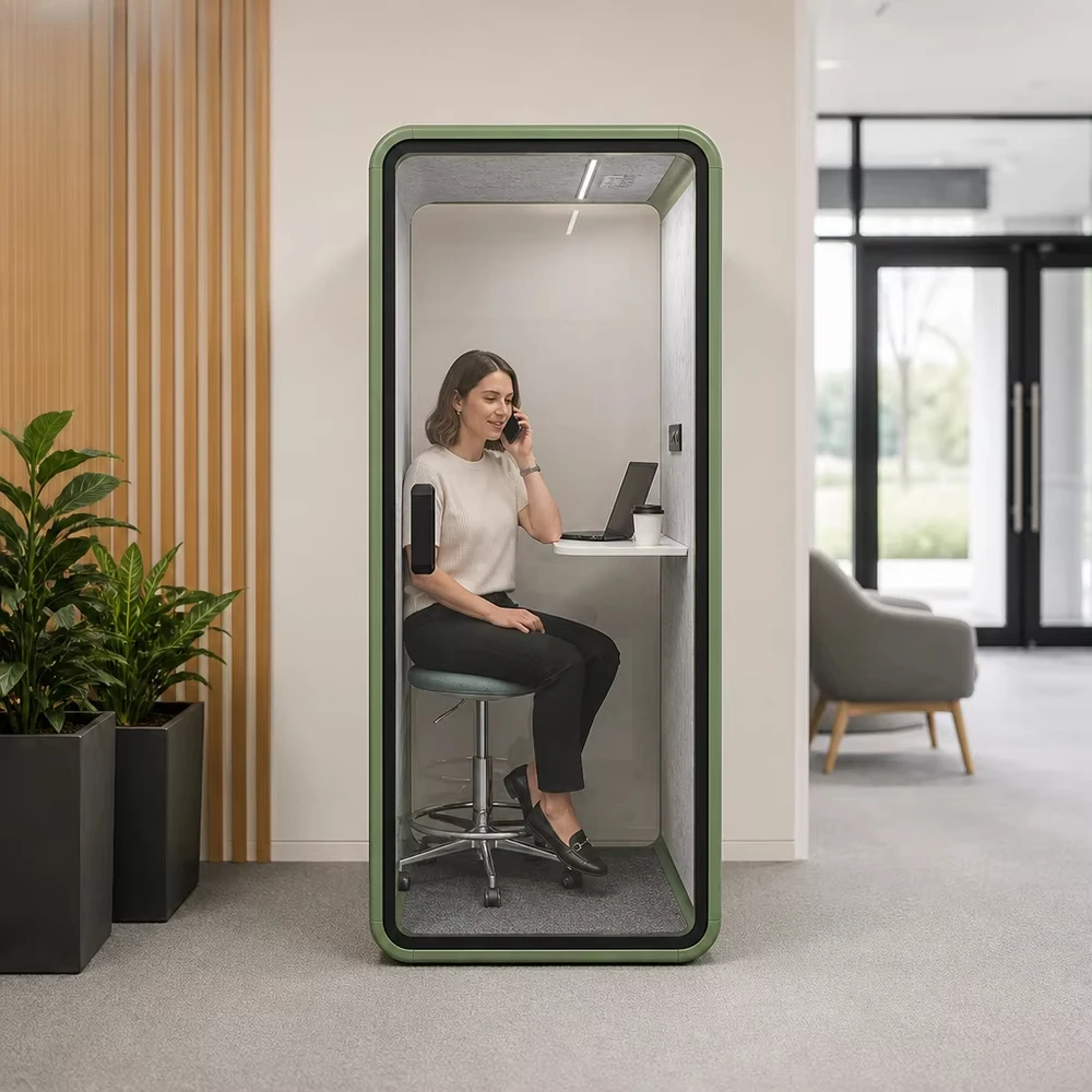 Sage Green Acoustic Soundproof Phone Pod Office Booth ISO Certified Portable Easy Installation Australia New Zealand Indoor