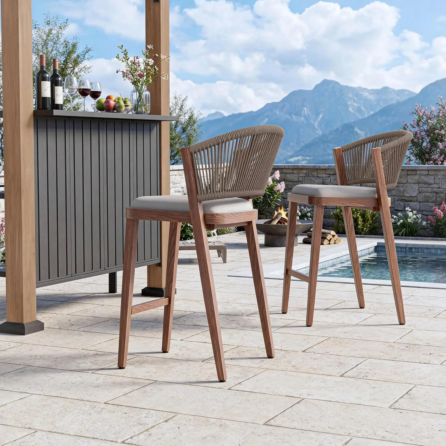 

Outdoor Counter Stool Set 2 Rope Backrest Wood Look Aluminum Frame Cushioned Seat Patio Kitchen Bar, Customized