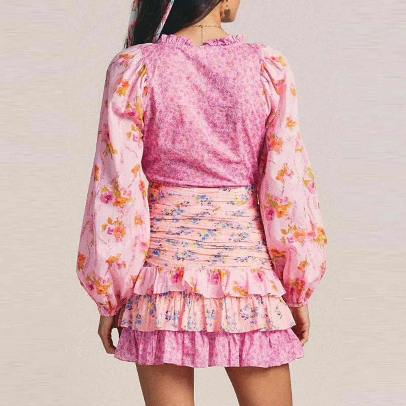 Women Long Sleeve Floral Dress Layered Ruffle V Neck Party Mini Dress for Beach Cocktail Club Streetwear