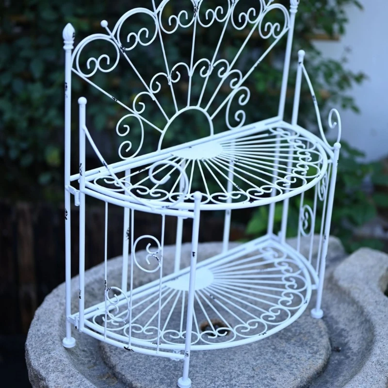 Half Round White Plant Stand 2 Tier Balcony Flower Shelf for Succulents Outdoor Iron Pot Rack Garden Rustic Metal Display Rack