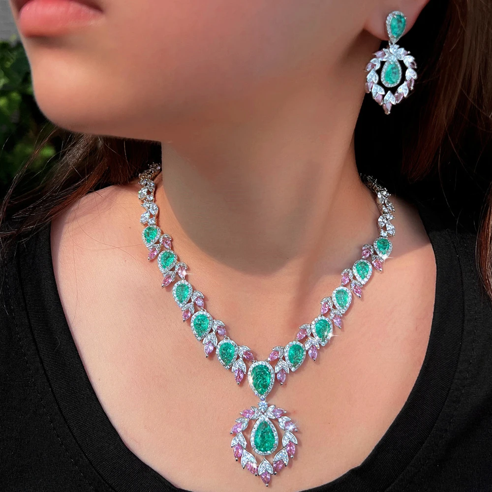 

ThreeGraces Glamorous Necklace Earrings Shiny Pink Green Zirconia Bridal Wedding Party Water Drop Jewelry Set for Women T1072