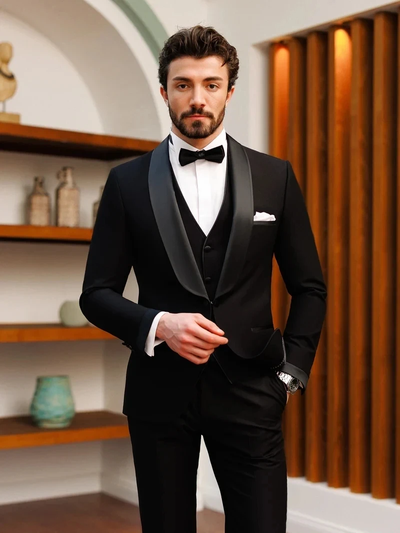 Black 3 Pieces Men Suits Set Blazer+Vest+Pants Custom Made Satin Lapel Wedding Prom Dress Guest Groom Tuxedo Jacket Coat