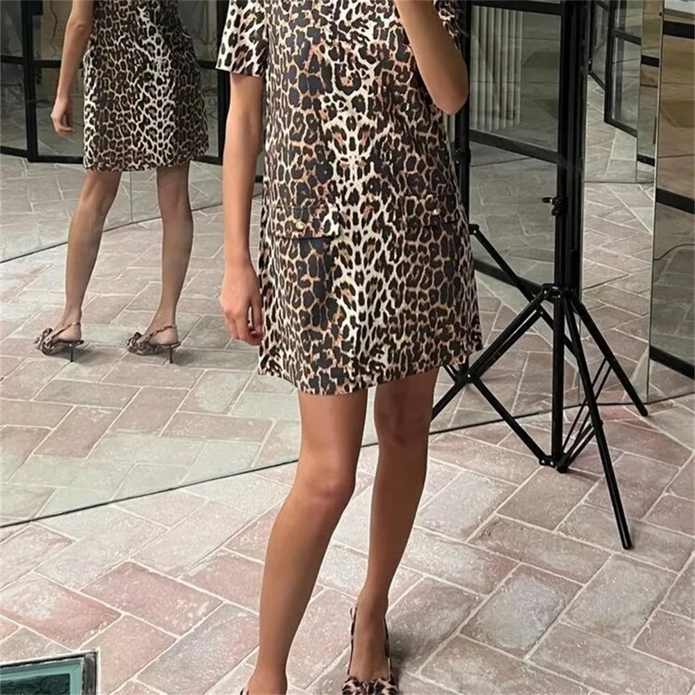 2024 Spring Summer New Women\'s Fashion and Elegance Versatile Animal Print Short Sleeve Pocket Dress