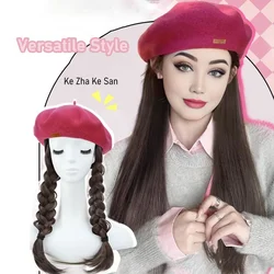 Synthetic 45cm/20 inch pink beret long straight hair with inner button wig, pink wig, pink/black hat, hat extension, Halloween