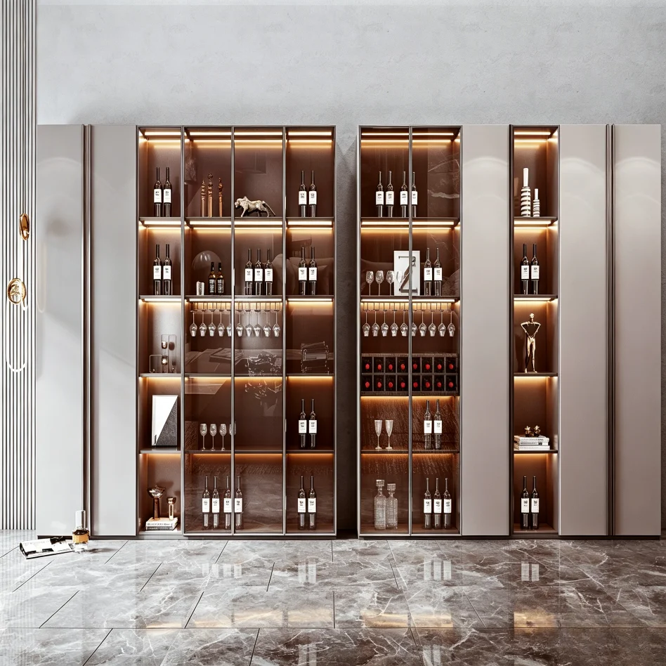 Sleek Symmetrical Wine Cabinet, Fluted Back Panel, Multi-Layer Glass Showcase, Home Dining Bar Unit, Modern Storage Furniture